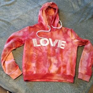 Justify Red and Pink Tie-Dye Hoodie with 'LOVE' Print